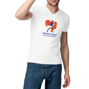 T-shirt Homme - Col V - 100% Coton BIO - Allez les bleus